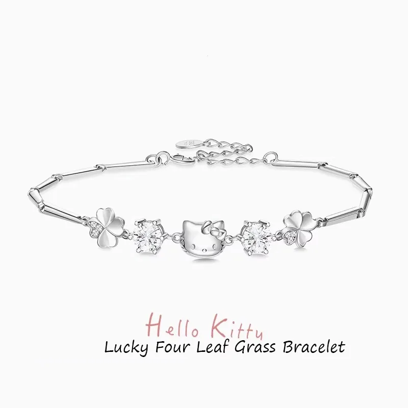 

New Sanrio Anime Hellokitty Sterling Silver Bracelet Kawaii Four Leaf Clover Anime Lover Birthday Girl Gift Festival Cute Beauty