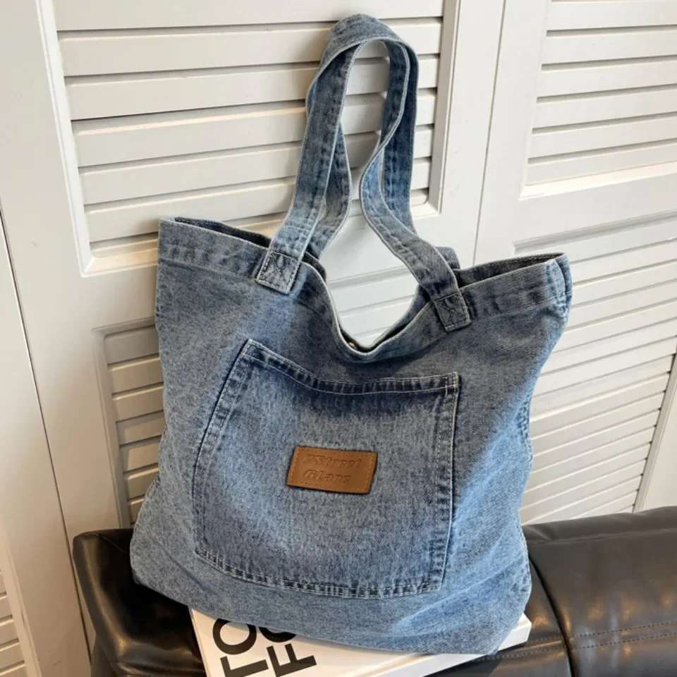 Denim Fabric Handbag Soft Portable Lady Chic Tote Bags Washed Denim Casual Women's Denim Crossbody Bag