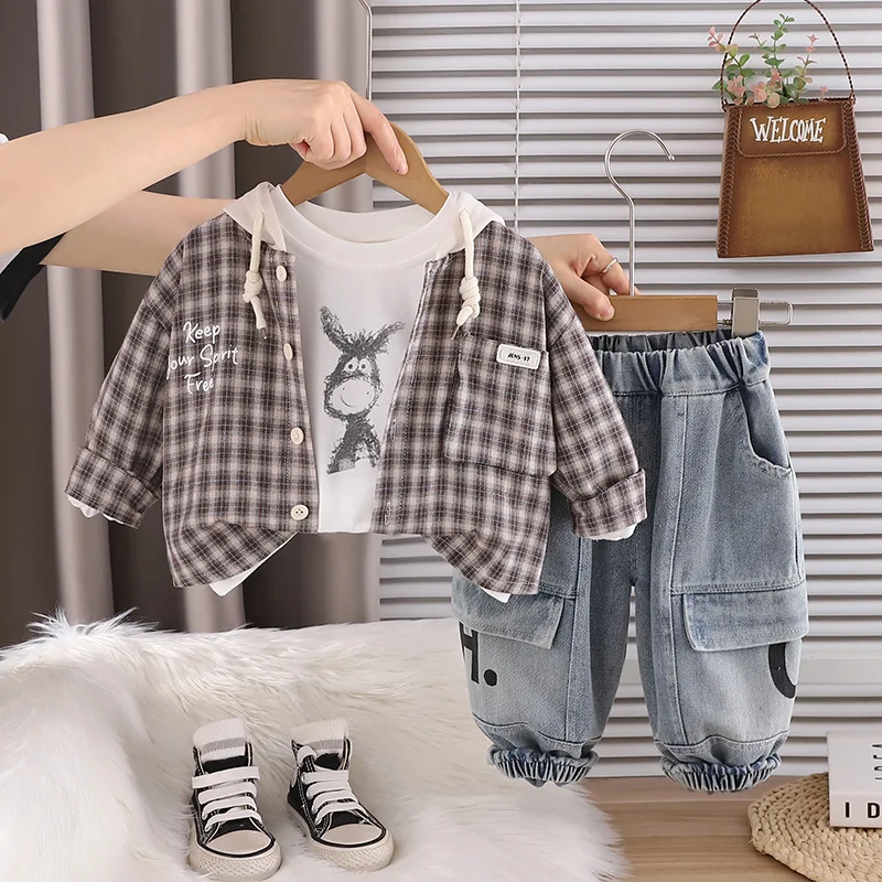 Korean Children’s Clothing 2026 Spring Autumn Baby Boy Plaid Hooded Coat + White T-shirt + Pants 3 Piece Set Kids Boys Outfit