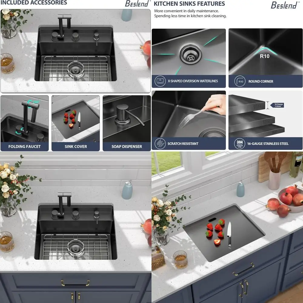 

Кухонная мойка под креплением из нержавеющей стали 21, с крышкой и смесителем, калибр 16, одна чаша