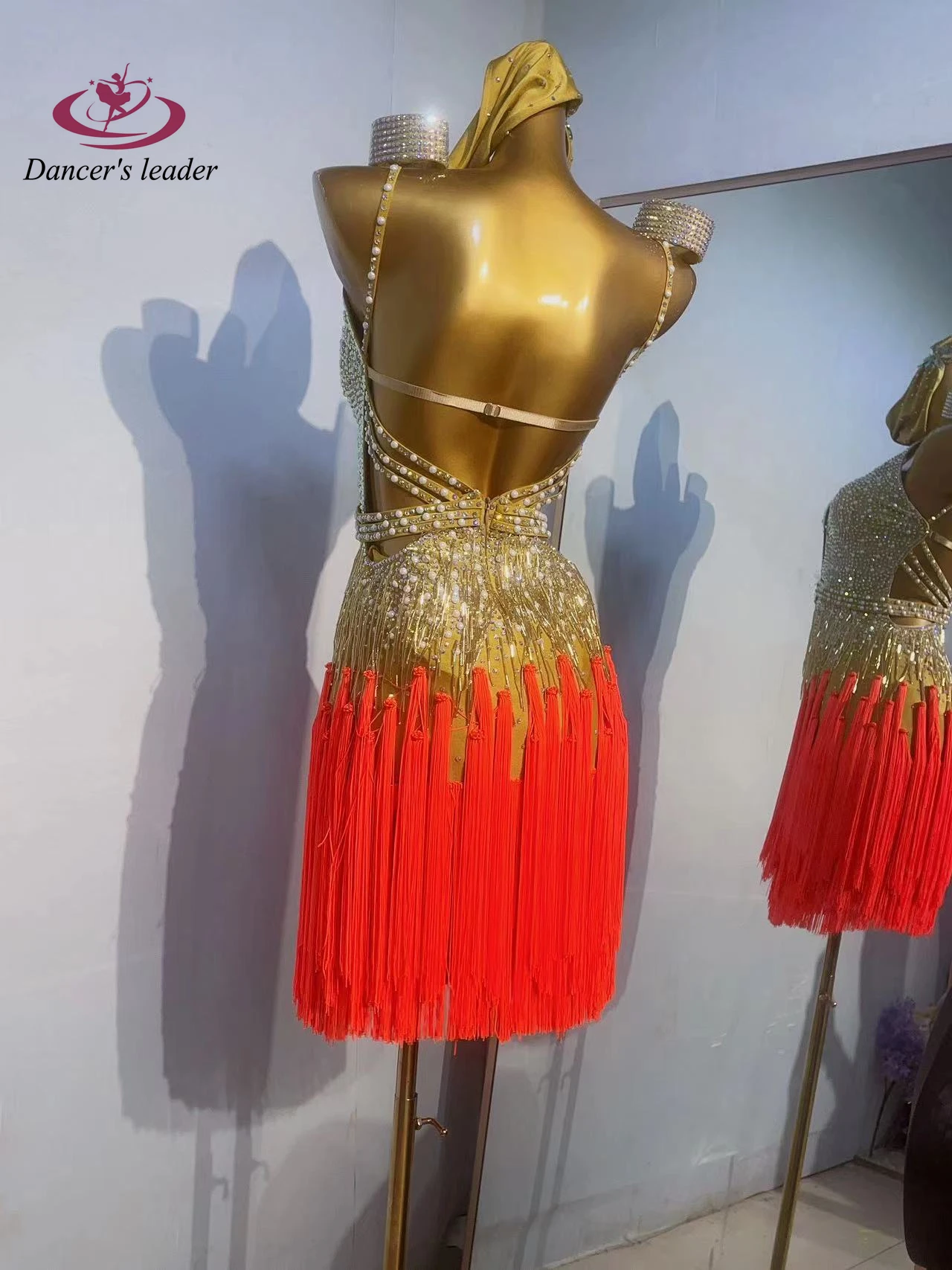

Latin Dance Stage Women's High-end Custom Pearl Stitching Tassel Samba Rhinestone Performance Costume Dress