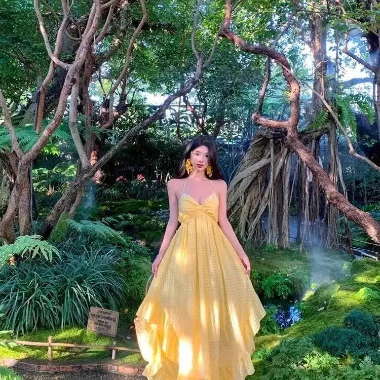 

Retro Yellow Backless Strap Dress Women Summer Irregular Sand Beach Long Skirt New 2025 Elegant Casual Female Costume