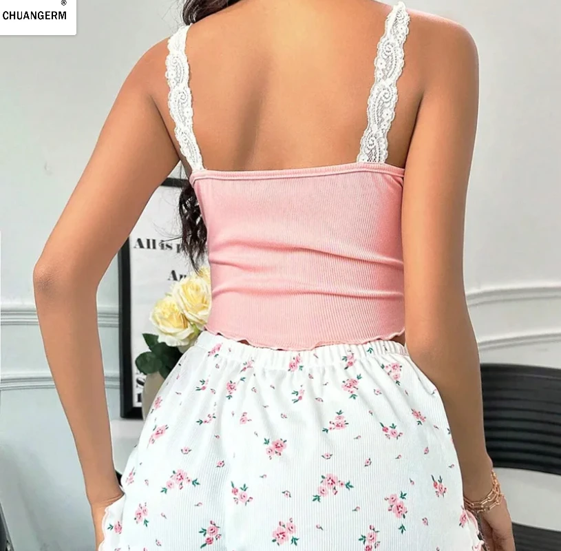 CHUANGERM Women Lace Patchwork V-Neck Pajama Set Sexy Sleepwear Camisole Top Printed Shorts Soft Pyjamas Nighties Suit