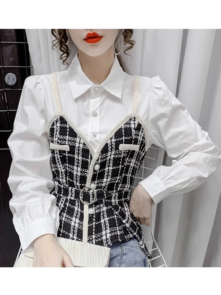 Women New Plaid Shirt Female Autumn Korean Loose Long-sleeved Stitching Fake Two-piece Blouse Turn-Down Collar Top Female Y1145