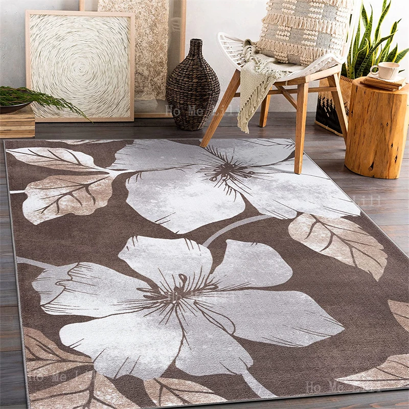 Modern Floral Big Petals Flannel Floor Rugs Non Skid Rubber Backing Gray Brown Flowers Indoor Outdoor Carpet