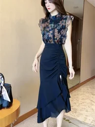 Female Outfits Midi Printing Slit Women's Two Piece Set Party Skirt Clothing Trend 2024 New Arrivals Matching Sets Vintage Full