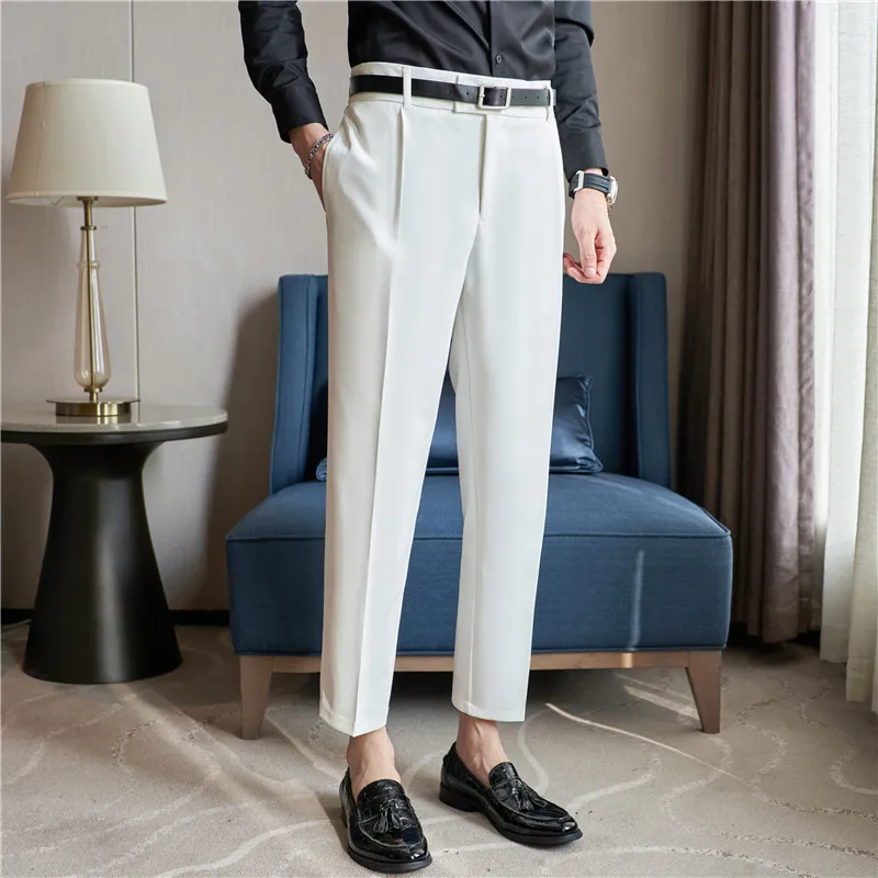 Autumn Elastic Waistline Straight Pants for Men Casual Business Suit Pants Belt Decoration Ankle Length Office Social Trousers