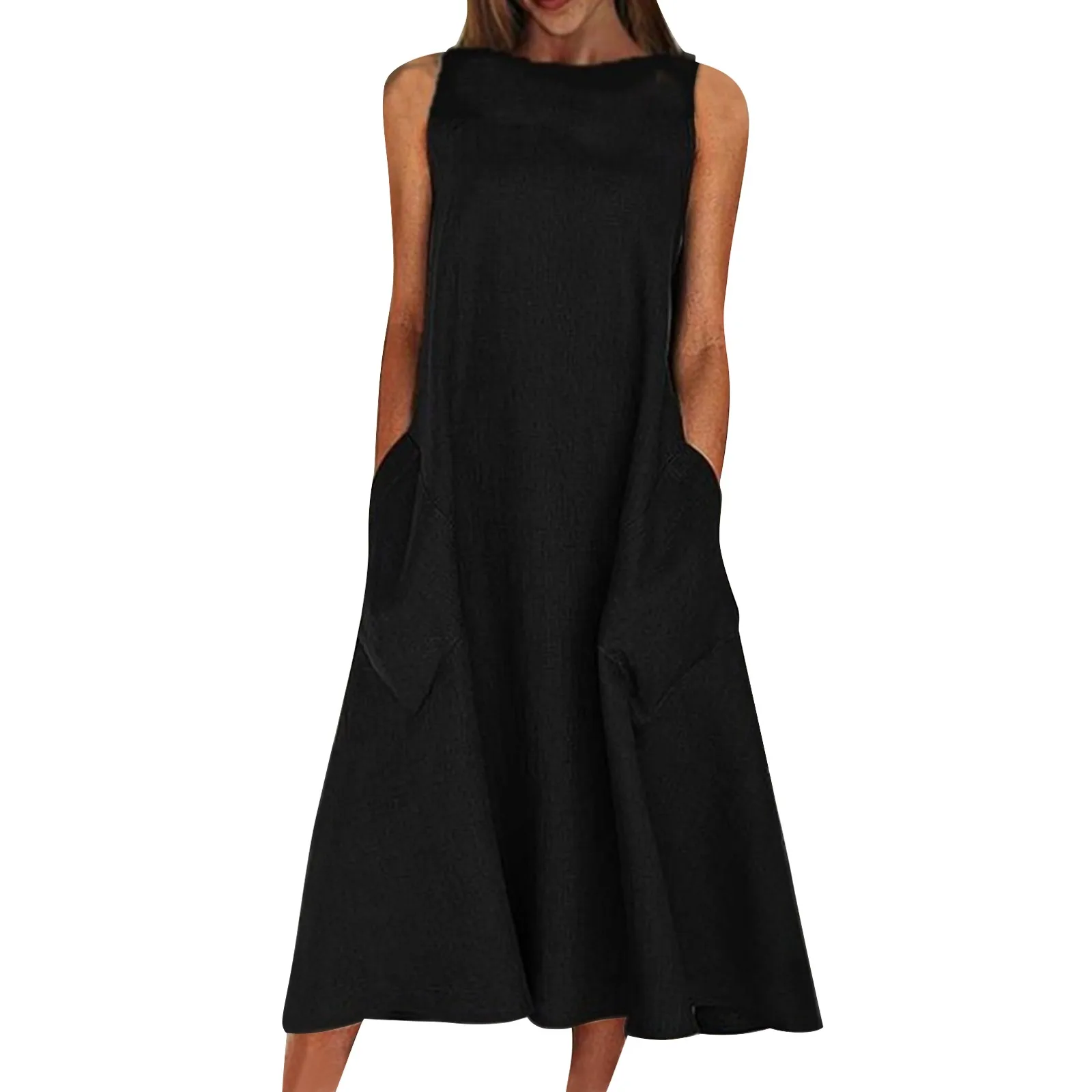 Vestido solto feminino algodão linho cor sólida verão novo maxi vestido sem mangas em torno do pescoço com bolso casual diário vestido longo