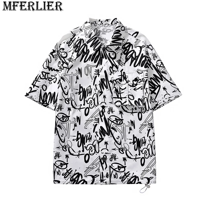 

summer men letter shirt short sleeve plus size 8XL 70 72 letter Graffiti beach cotton high street hip hop shirt pockets