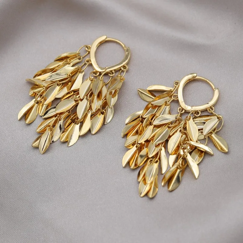 Korean new design fashion jewelry 18K gold plated love ears leaves tassels earrings luxury women's dance party accessories