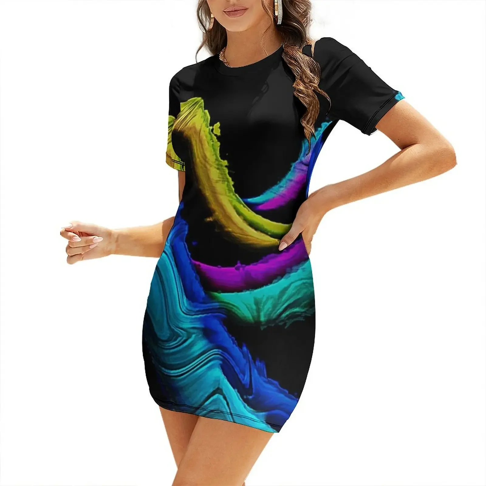 

Neon Color Waves Bright Swirls Short-Sleeved Dress Clothing female women dresses summer women's suit Dress vintage