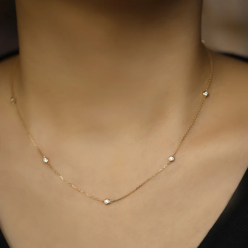 S925 Silver Necklace with Five Diamonds and Continuous Beads Light Luxury Diamond Studded Collarbone Chain Luxury 2025 New Model