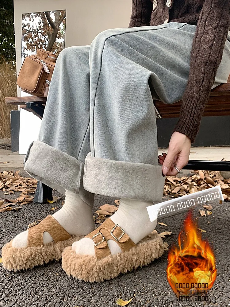 

Джинсы женские с высокой талией, широкие штанины, на меху, свободного кроя, удлиняющие, повседневные, из денима