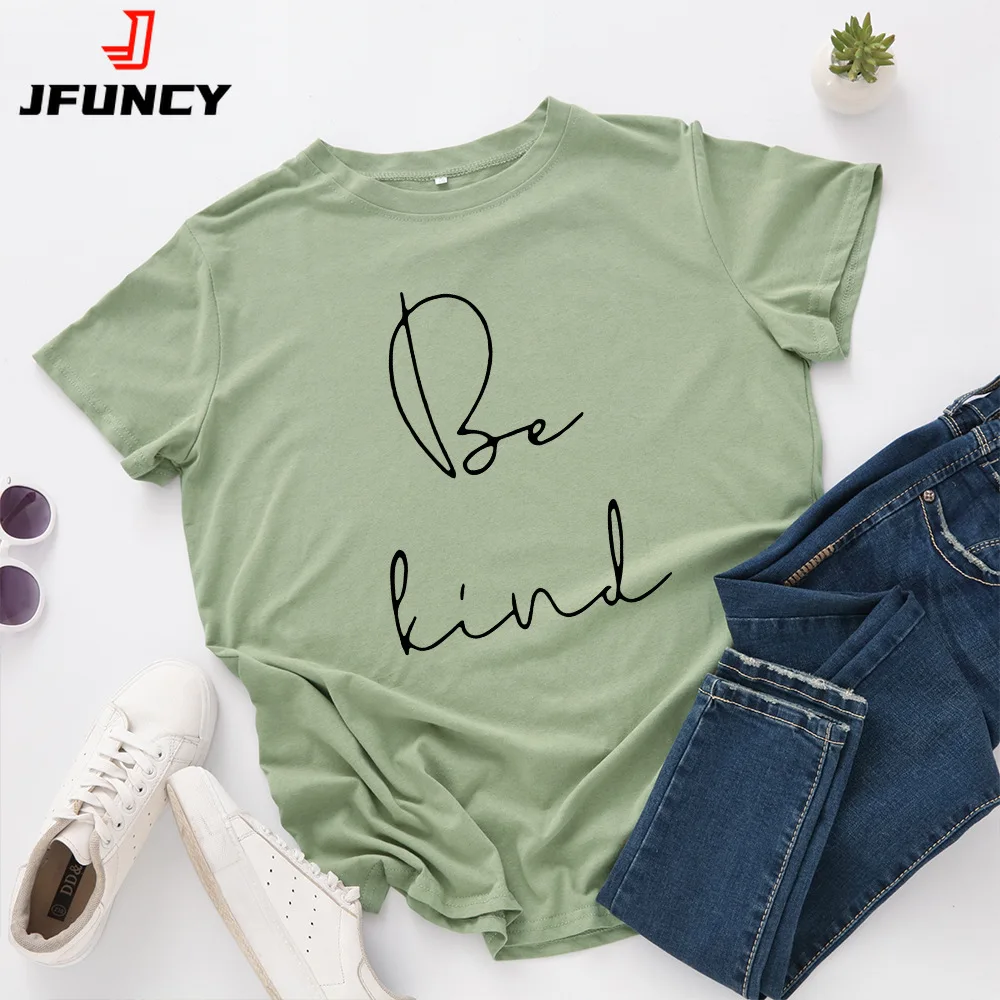 JFUNCY Women T Shirt New BE KIND Letter Print T-shirts Female Short Sleeve Cotton Tees Tops Woman Summer Tshirt