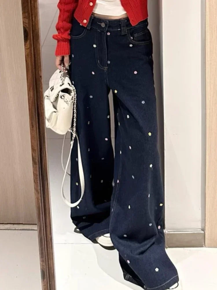 刺繍入りジーンズ レディース ダークブルー デニム ハイウエスト ルーズフィット 韓国風 オールマッチデザイン ワイドレッグ ポケット デイリー カジュアル デ ムヘール