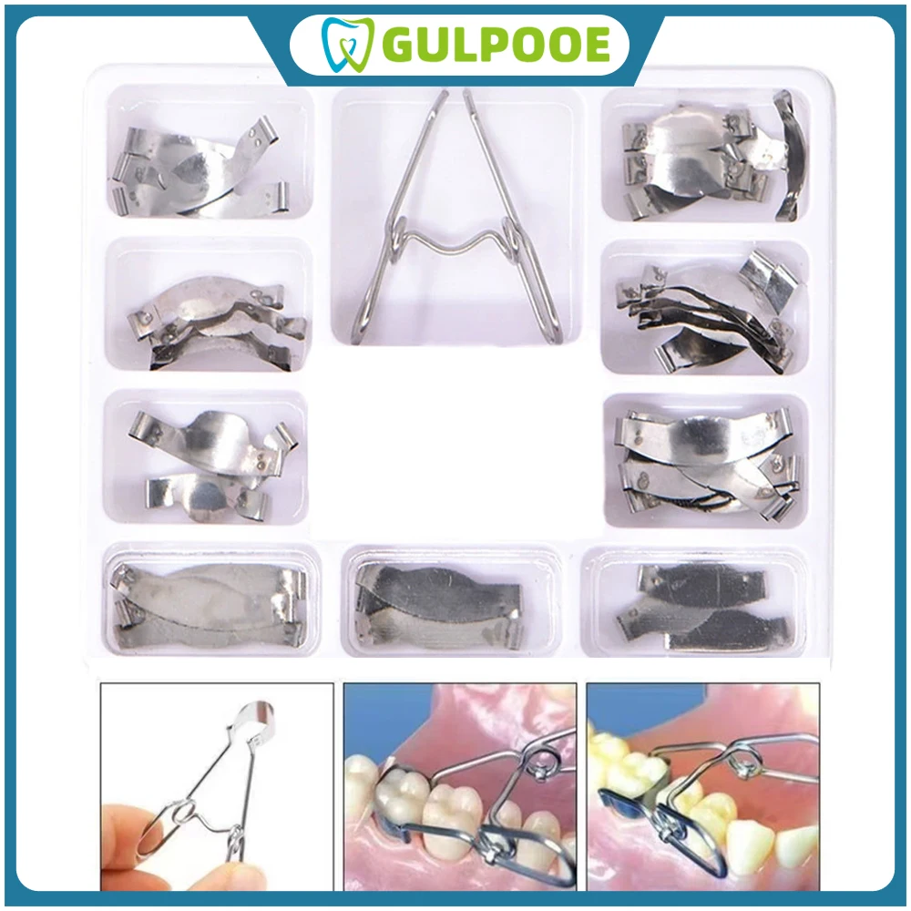 GULPOOE 36Pcs Dental Matrix Sectional Contoured Metal Matrices 1.330 Dental Matrix With Spring Clip Delta Ring Clamp Wedges