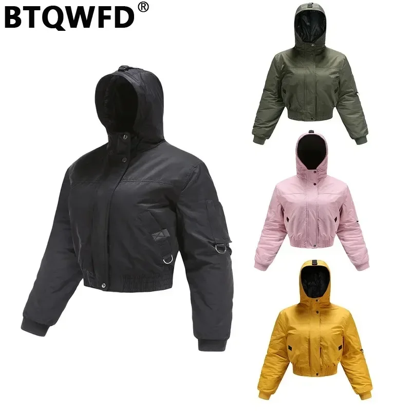 BTQWFD Women\'s Coats Winter Jackets Warm Parkas Long Sleeve Shorts Female Clothing Thick Hooded 2024 Autumn Windproof Hat Pocket