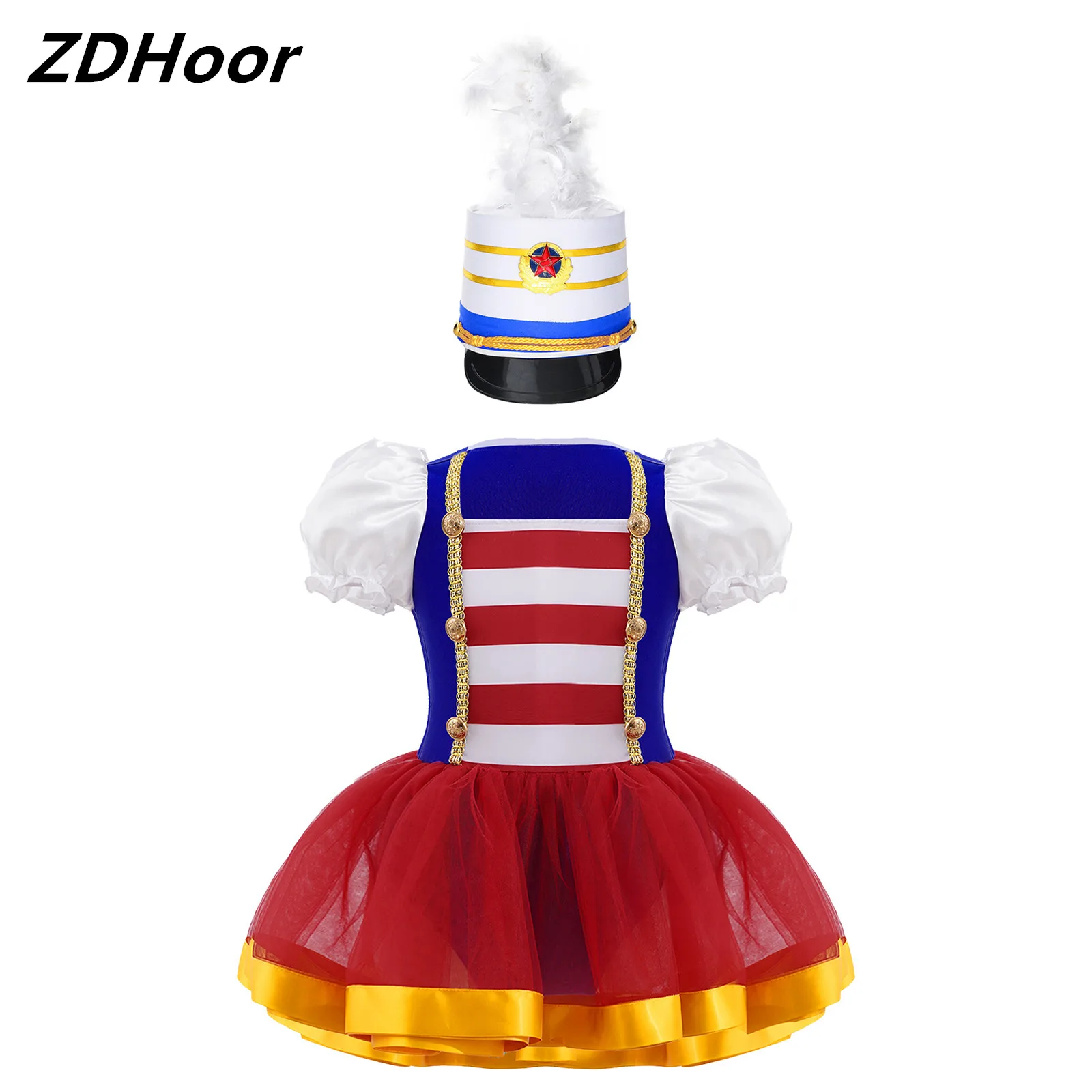 

Kids Girls Circus Flag Raiser Honour Guard Costume Set Short Puff Sleeve Tutu Leotard Dress with Feather Hat for Performance