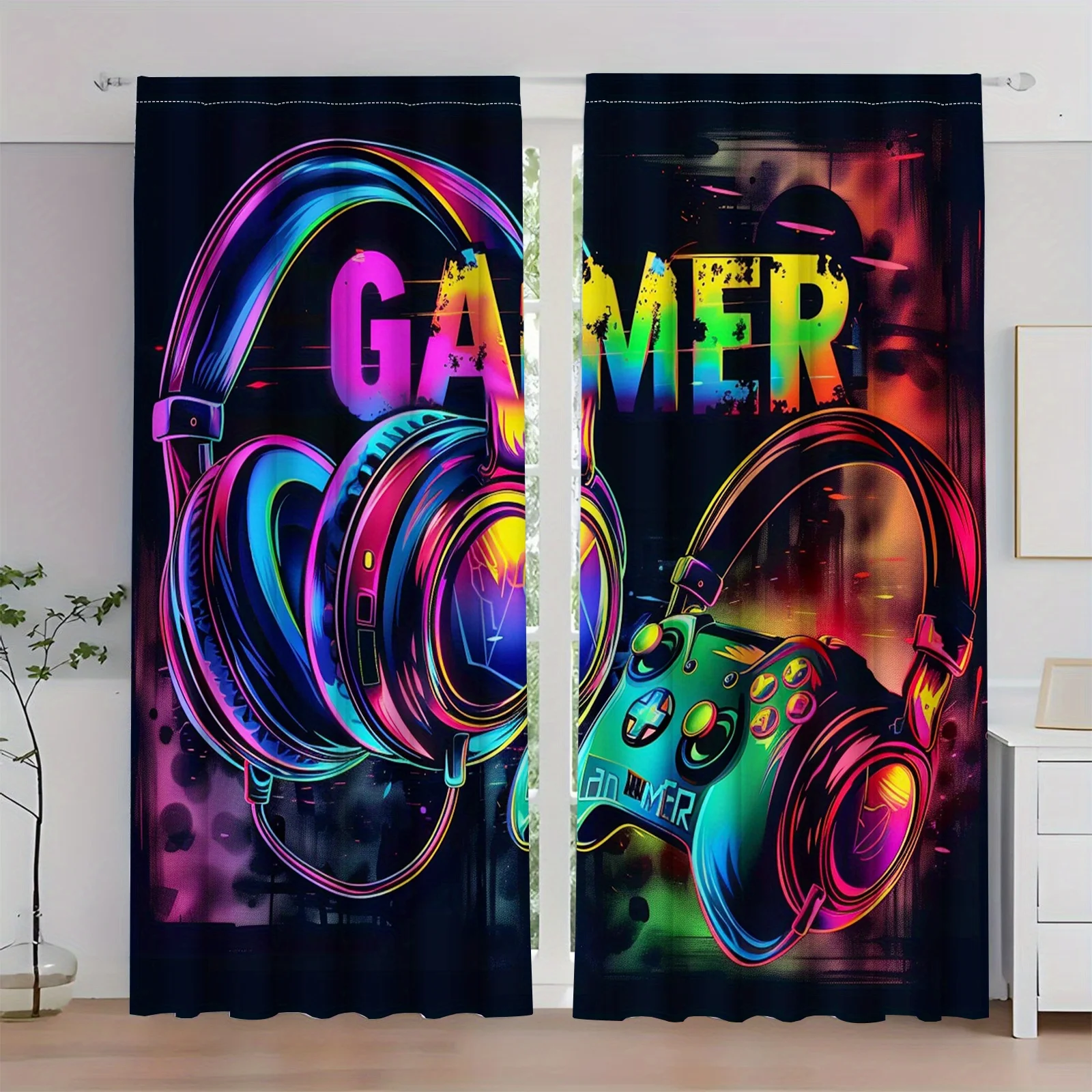 2PC Gaming Headphone Controller Semi-Transparent Curtains Rod Pocket Polyester for Bedroom Living Room Office Renaissance Decor
