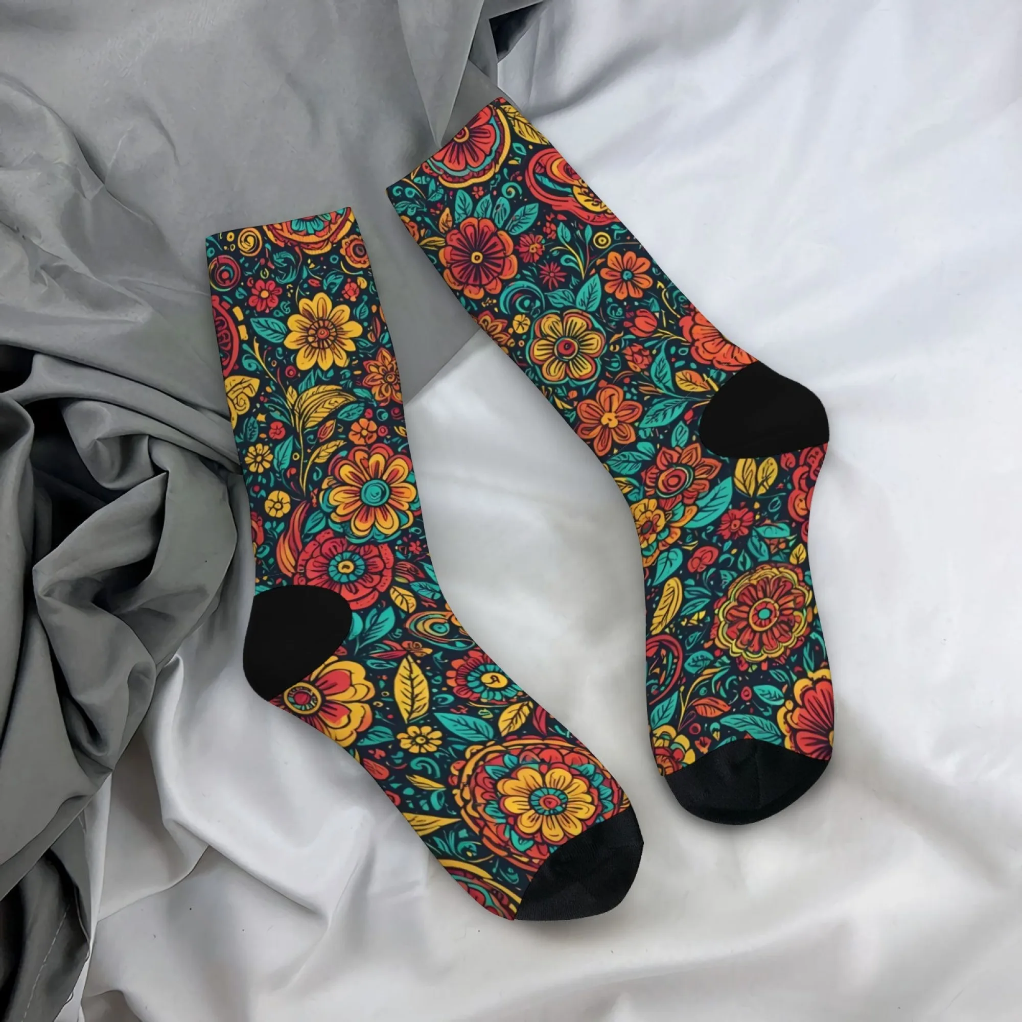 Kaus Kaki Bohemian Pria, Pola Etnik Nyaman dan Santai, Motif Bunga Vintage di Kaus Kaki Hijau Tua, Kaus Kaki Seni Rakyat