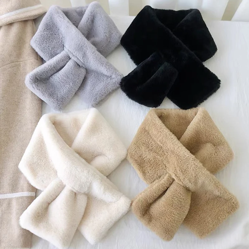 Winter Luxury Warm Thicken Scarfs Faux Rabbit  Fur Plush Cross Collar Scarf Shawl Warm Soft Thicken Snood Scarves Women Scarf