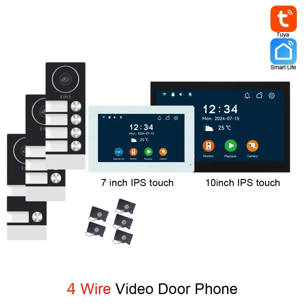Apartment 4 สาย Intercom Door Bell 7/10 "IPS Touch Panel ไร้สาย 2.4G WiFi Tuya Smart Life APP Push ข้อความโทรศัพท์ประตูวิดีโอ