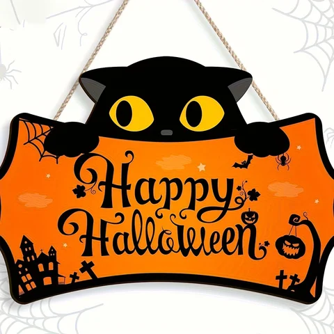 Black Cat Shaped Happy Halloween Wooden Hanging Sign Pumpkin Bat Spider Castle Print Front Door Plaque for Halloween Porch Decor