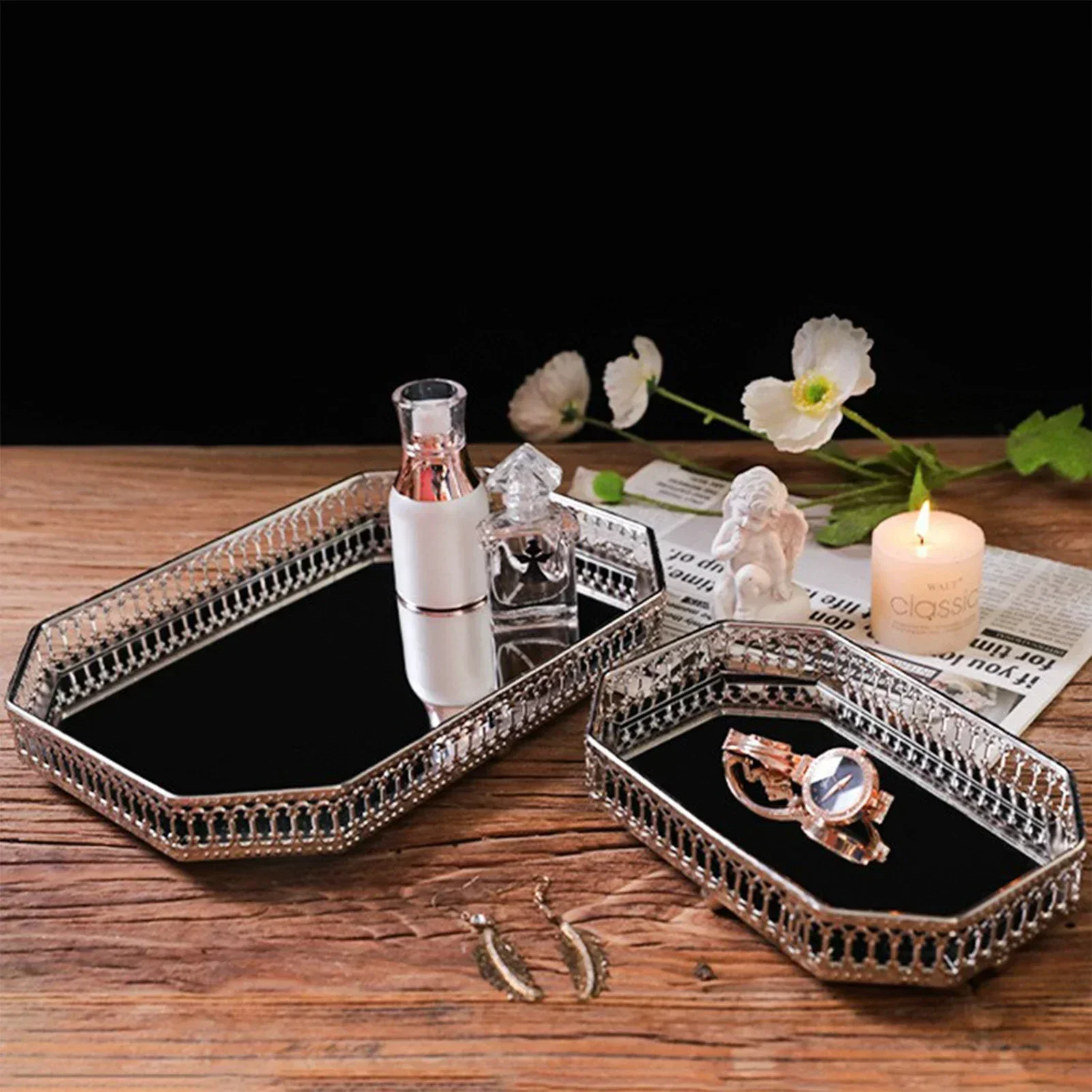 Hollowed Out Geometry Shape Metal Storage Tray Gold Silver Mirror Tray Cosmetic Container For Tableware Table Decor Service Tray