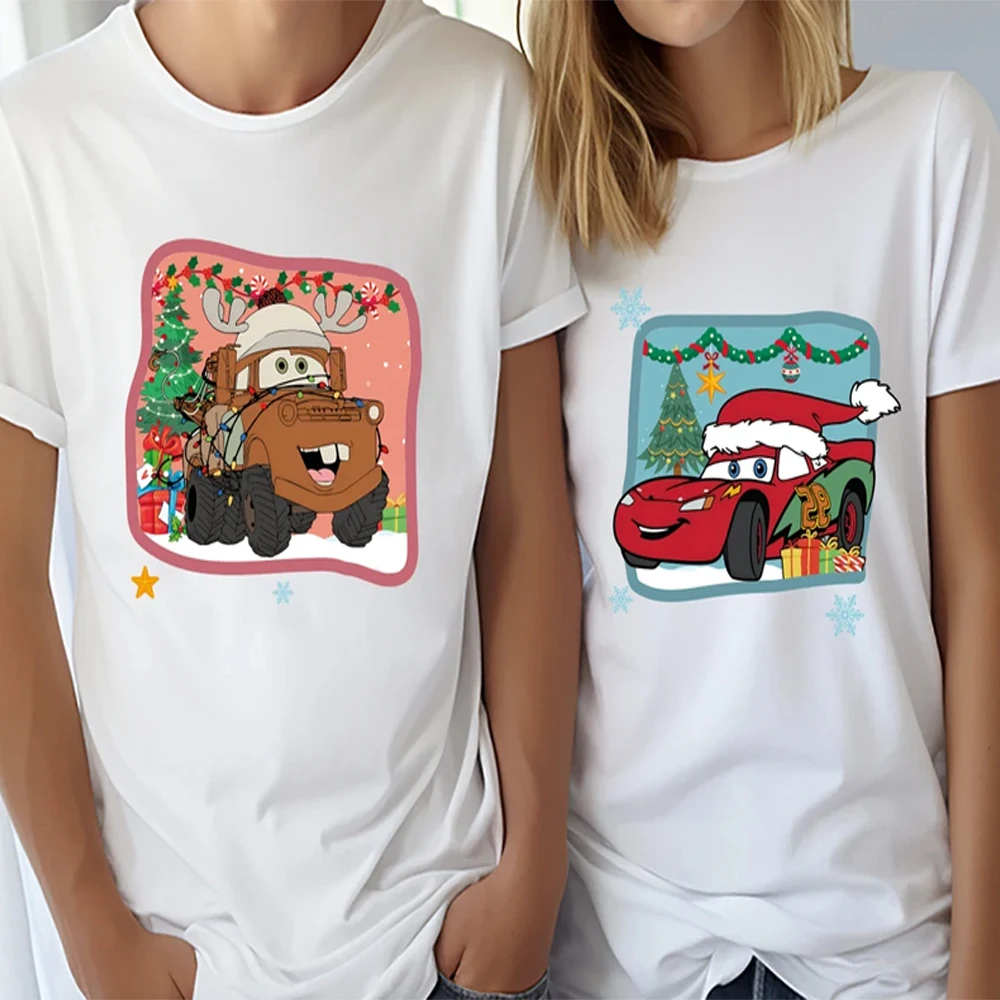 سيارات عيد الميلاد زوجين تي شيرت هوديي فضفاض السببية عيد الميلاد ديزني ماكوين تي شيرت سيارات سحب ماتر تي شيرت عيد الميلاد زوجين بلايز