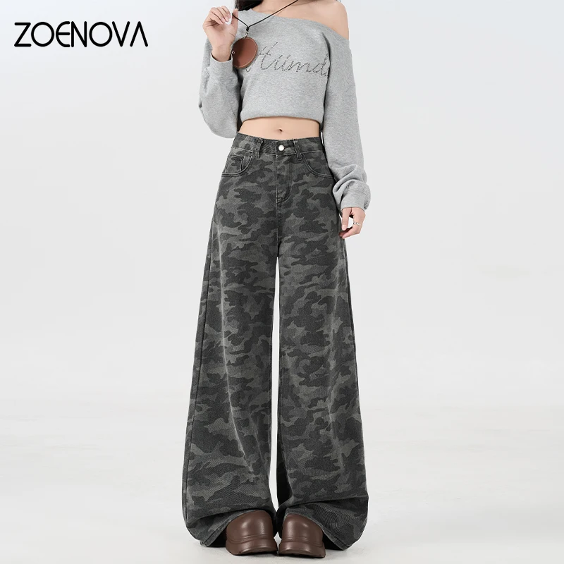 ZOENOVA Camouflage Baggy Jeans Womens Outdoor Tactics Loose Wide Leg Pants Street Y2K Casual Vintage Cargo Small Flared Trousers