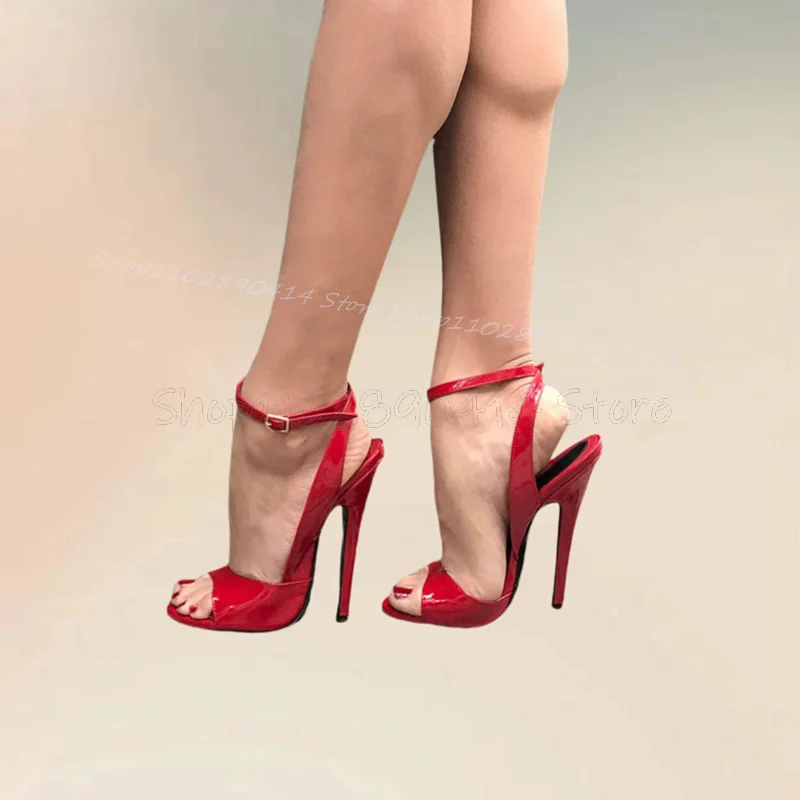 

Red Patent Leather Stilettos High Heel Sandals Ankle Buckle Strap Women Shoes Open Toe Fashion Party 2024 Zapatos Para Mujere