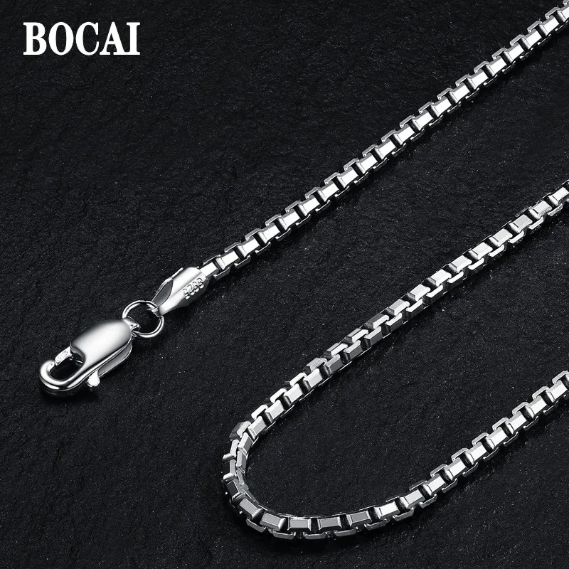 BOCAI Real S925 Silver Jewelry Octagonal Box Chain Simple Collarbone Chain Trendy Men and Women Necklace