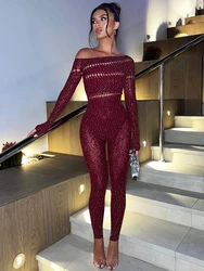 Sibybo Off Shoulder Long Sleeve Jumpsuits Women Fashion Rhinestones High Stretch Hollow Out Sexy Overalls Sparkly Party Rompers