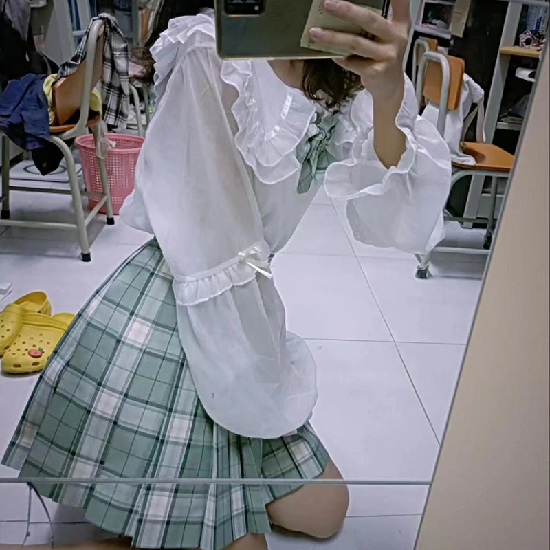 Lolita Lace Collar Blouse for Teens, Peter Pan Collar, Vintage Shirt, Korean Tops for Ladies, Black and White, Club Wear