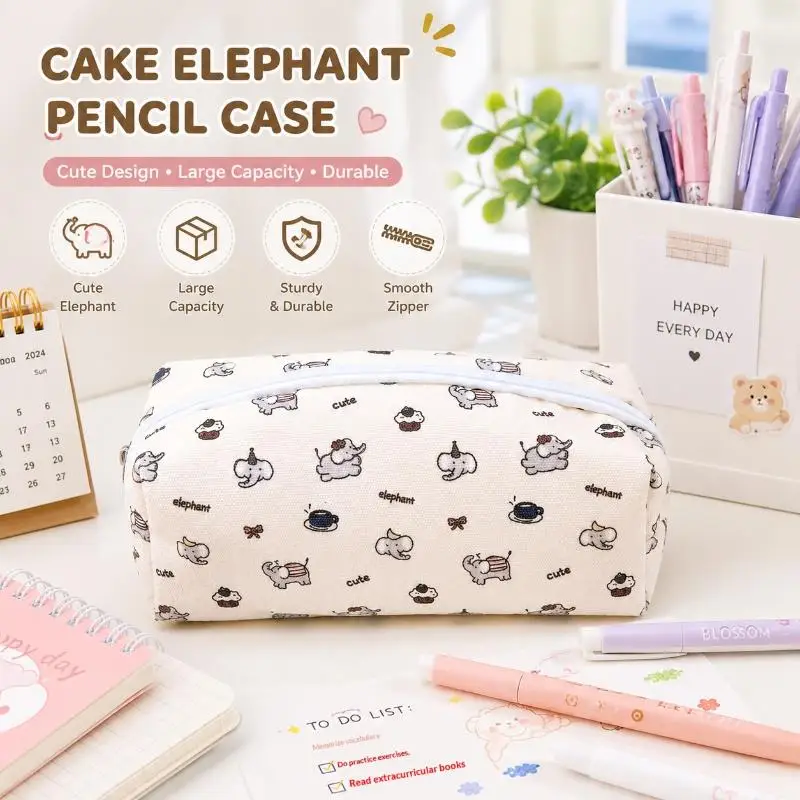 Cute Canvas Pencil Case Cartoon Elephant Print Heavy Duty Smooth Zipper Big Storage for Student School Desk Organizer