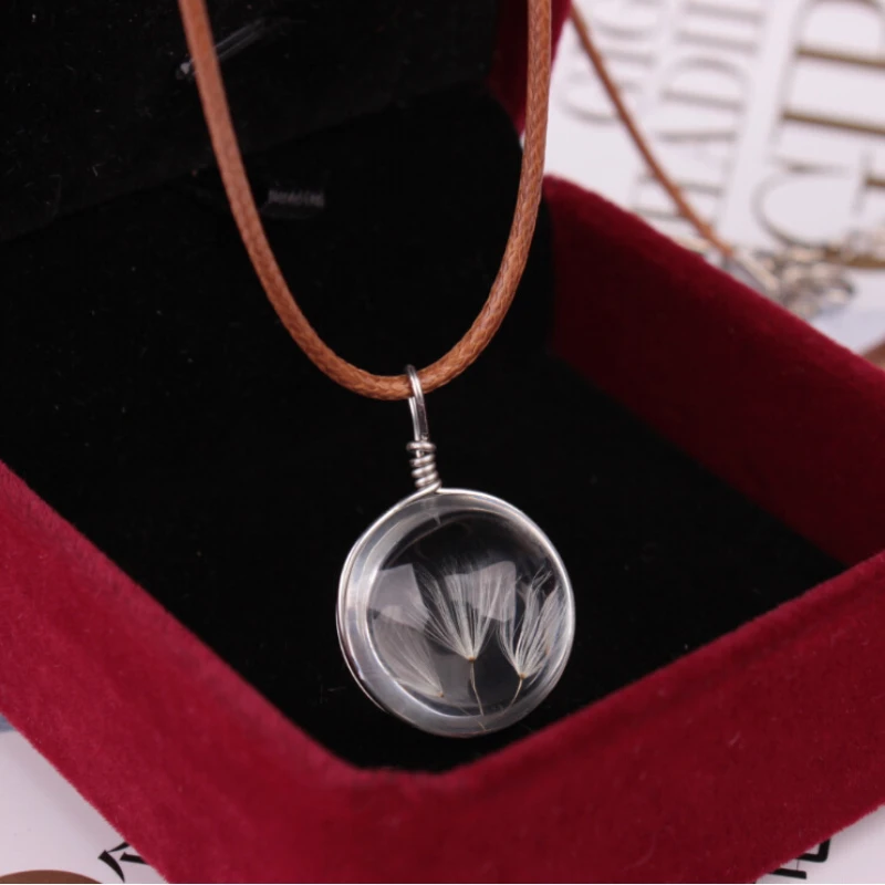 Round Dandelion Pendant Necklace Charm Natural Dandelion GlassCabochon Transparent Lucky Glass Ball Jewelry