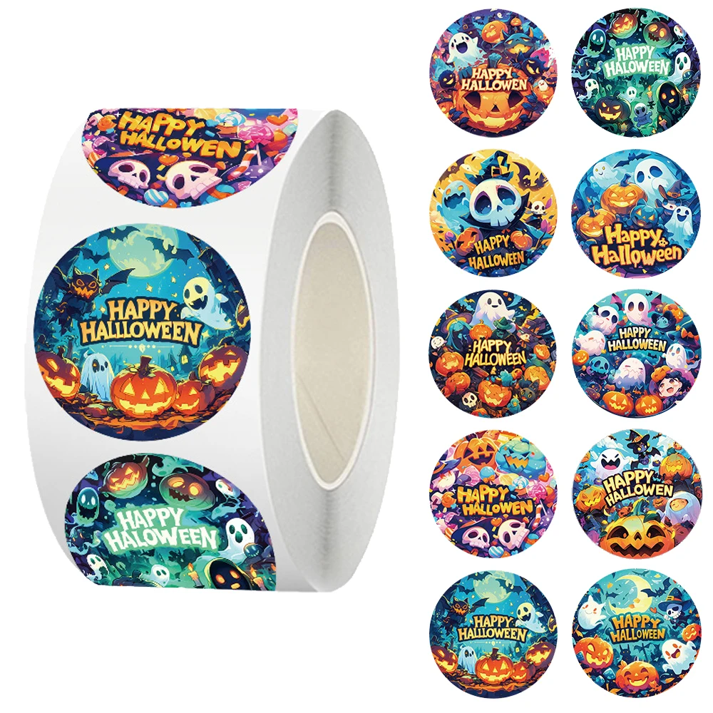 500pcs/Roll Cartoon Halloween Ghost Pumpkin Stickers Funny Decoration Sealing Sticker Label DIY Laptop Guitar Reward Decals Toy