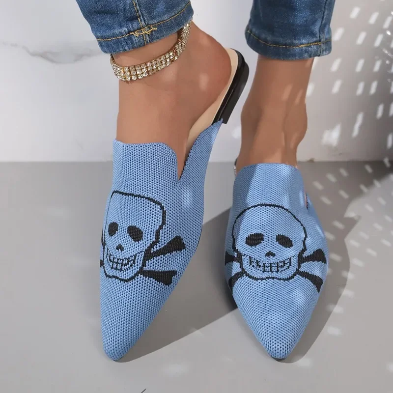 Woman Mules Shoes Outdoor Women Slippers Knit Pointed Toe Shallow Low-heel Casual Footwear Comfortable Skull Slides Embroidery