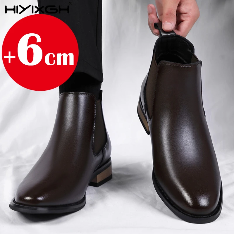 Men's 6 cm genuine leather Chelsea boots winter warm pointed-toe leather boots casual wear business boots men's ankle