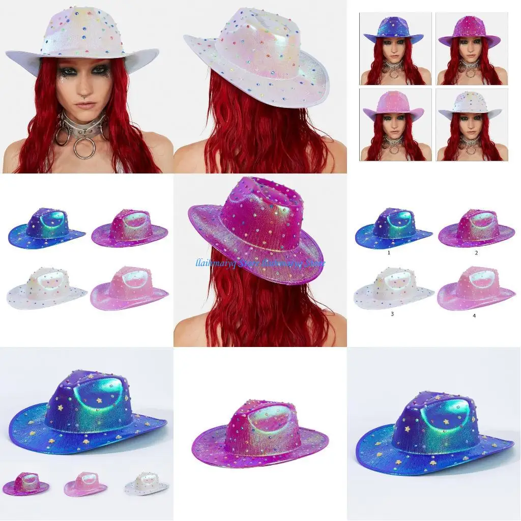 

573B Dazzled Color Cowgirls Hat for Woman Men Summer Sunproof Prom Party Cowboy Hat