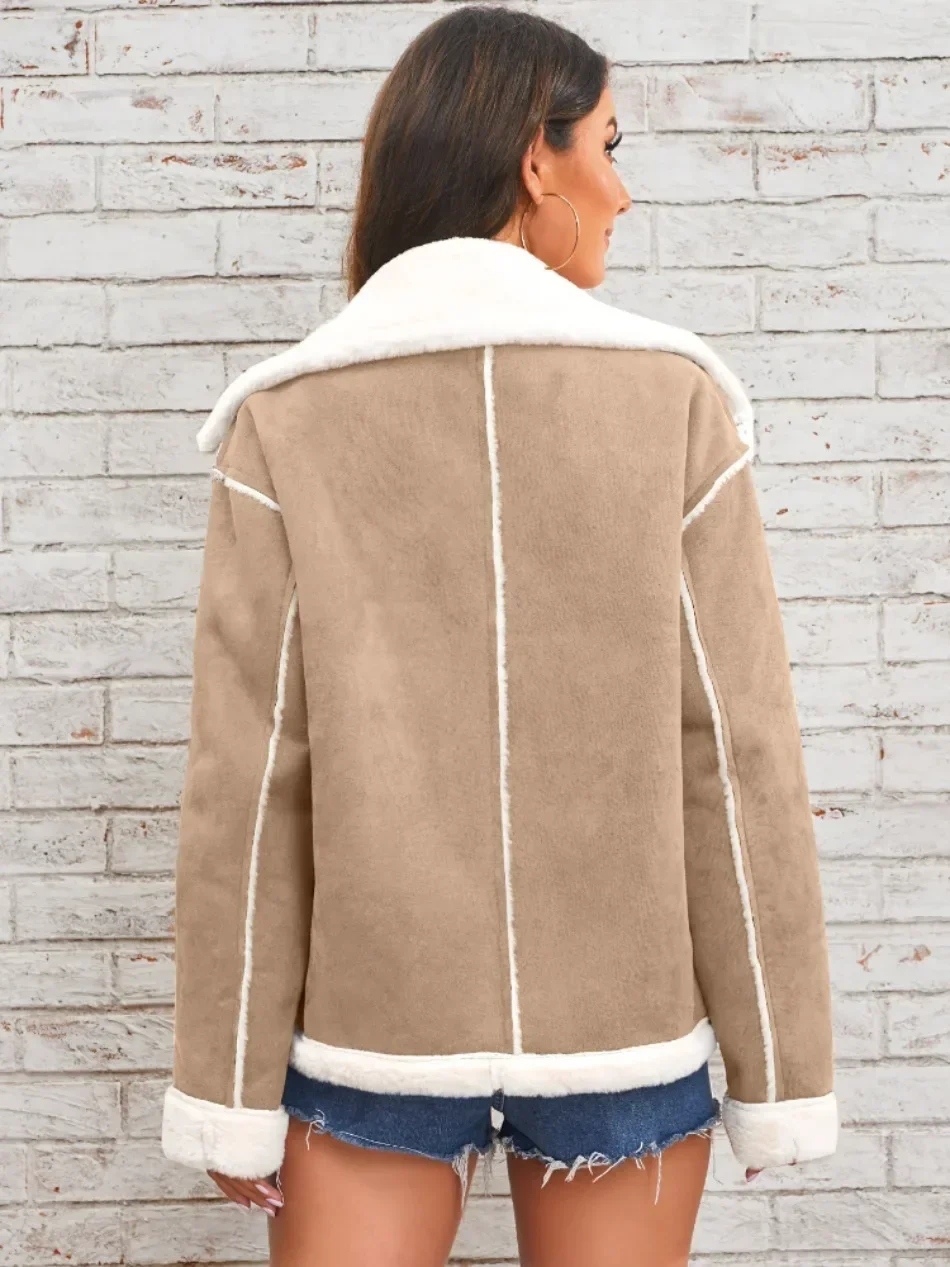 Women's Elegant Winter Fur Coat with Fluff Lapel Thick Korean Fashion Casual Loose Artificial Fleece Warm Jacket