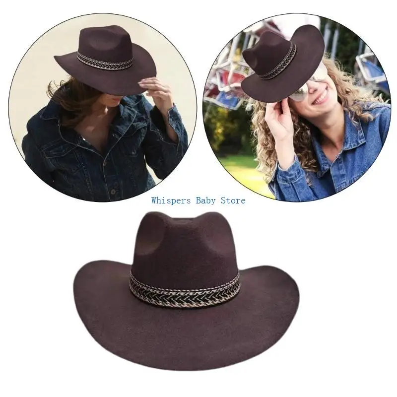 U90E Classical Outback Hat for Women Men with Woven Belt Panama Hat Roll Brims Wool Hat Cosplay Costume Adult Theme Party Hat