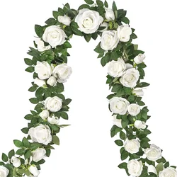 19.5ft Artificial Floral Garland With White Rose, Fake Vines Silk Flower Hanging Rose Garland For Wedding Arch Garden Background