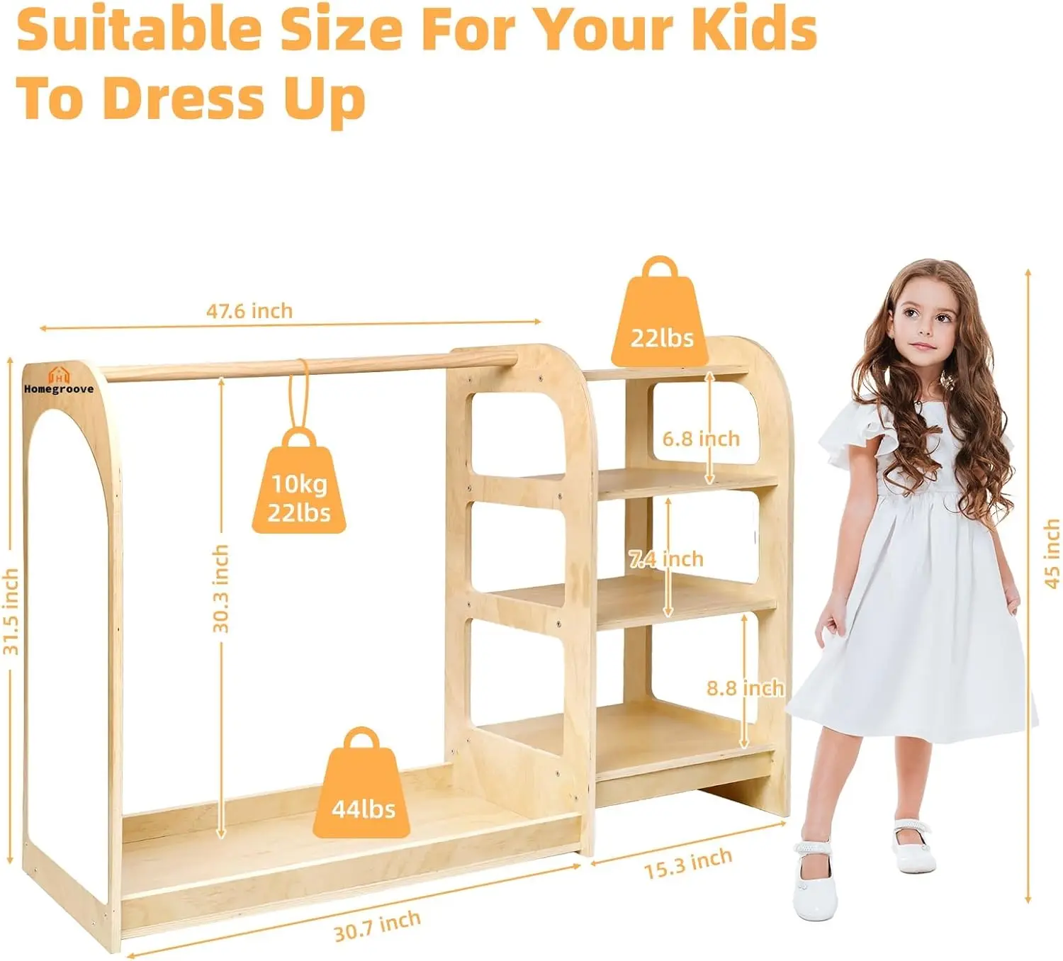 31.5 Inch Kids Wardrobe Closet with Storage Shelf for Little Girls and Boys, Wooden Kids Costume Organizer for Bedroom Classroom