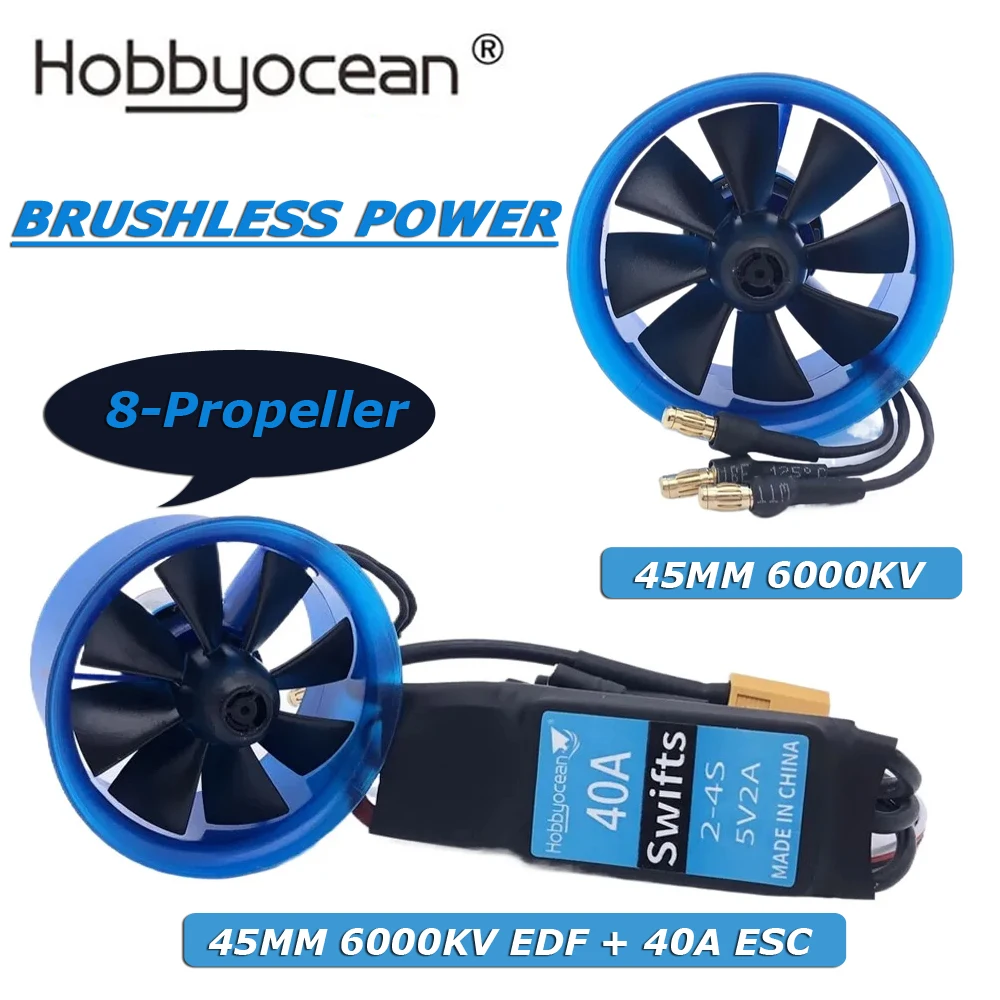 

Система канального вентилятора Hobbyocean 45 мм, 6000 кВ, 8 пропеллеров EDF 40A ESC для модели радиоуправляемого самолета, реактивного самолета 45 мм с бесщеточным двигателем