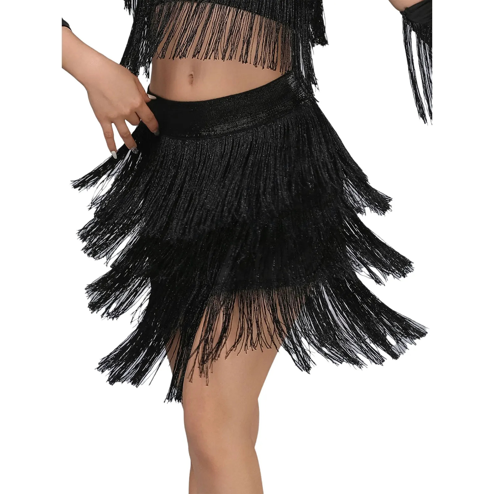 

Women Swing Latin Tango Tassel Fringe Skirts Dancewear Shiny Elastic Waistband Tiered Skirt Dance Costume for Chacha Rumba Samba