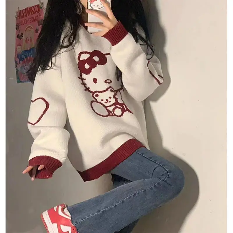 Kawaii Sweater Sanrioed Hello Kittys Spring Winter Preppy Knitting Sweater Long Sleeve Girls Tops Loose O-Neck Trend Sweet Gift