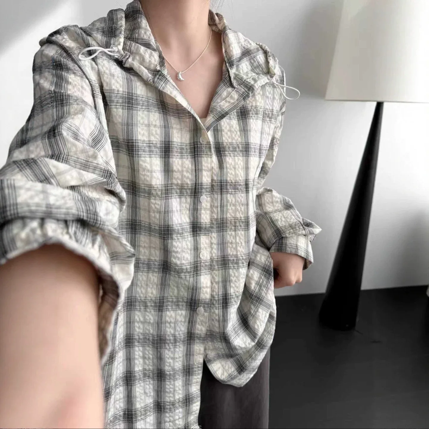 SuperAen Striped Hooded Drawstring Shirts Women 2026 Spring and Summer New Loose Oversize Casual Mid-length Sun-protective Shirt