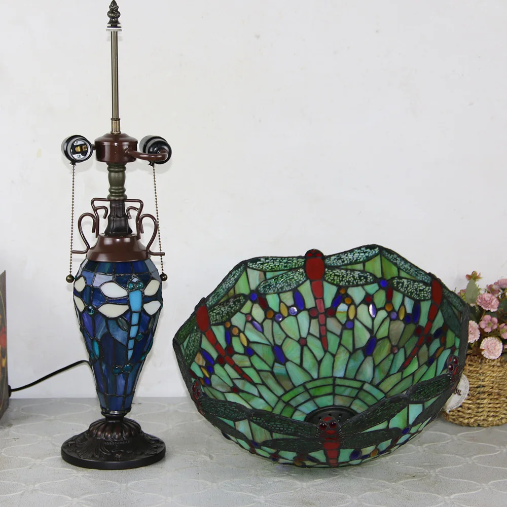 16inch 40cm Tiffany-style Stained Glass Blue Dragonfly Lampshade Table Light Desk Lamp with Lighted Base Sofa Corner Decor