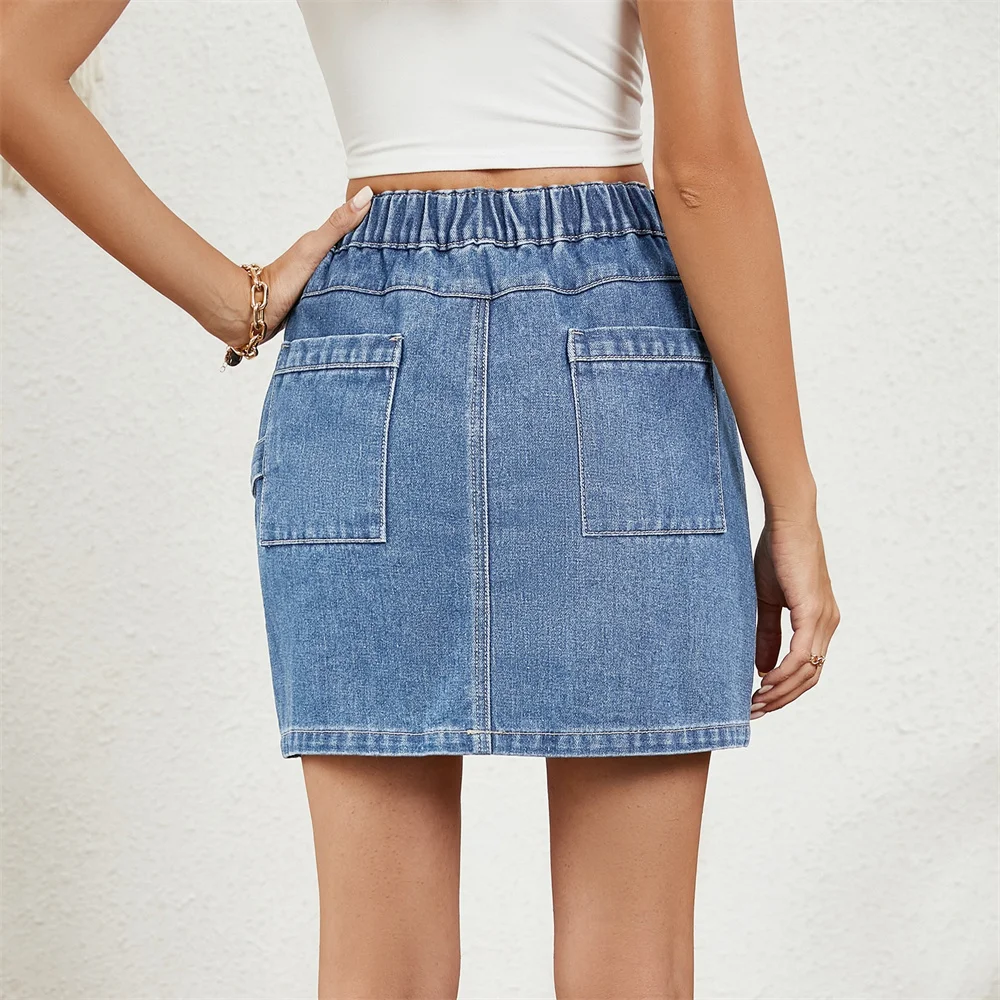 Benuynffy Women's Retro Cargo Denim Skirt Elastic Waist Casual Washed Mini Skirts American Streetwear Woman A Line Jeans Skirt